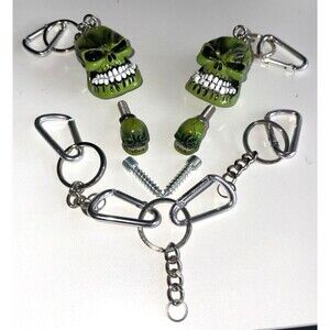 2 Green Skull Pilot Automotive Keychains & 2 Green Skull Tire Valve Covers